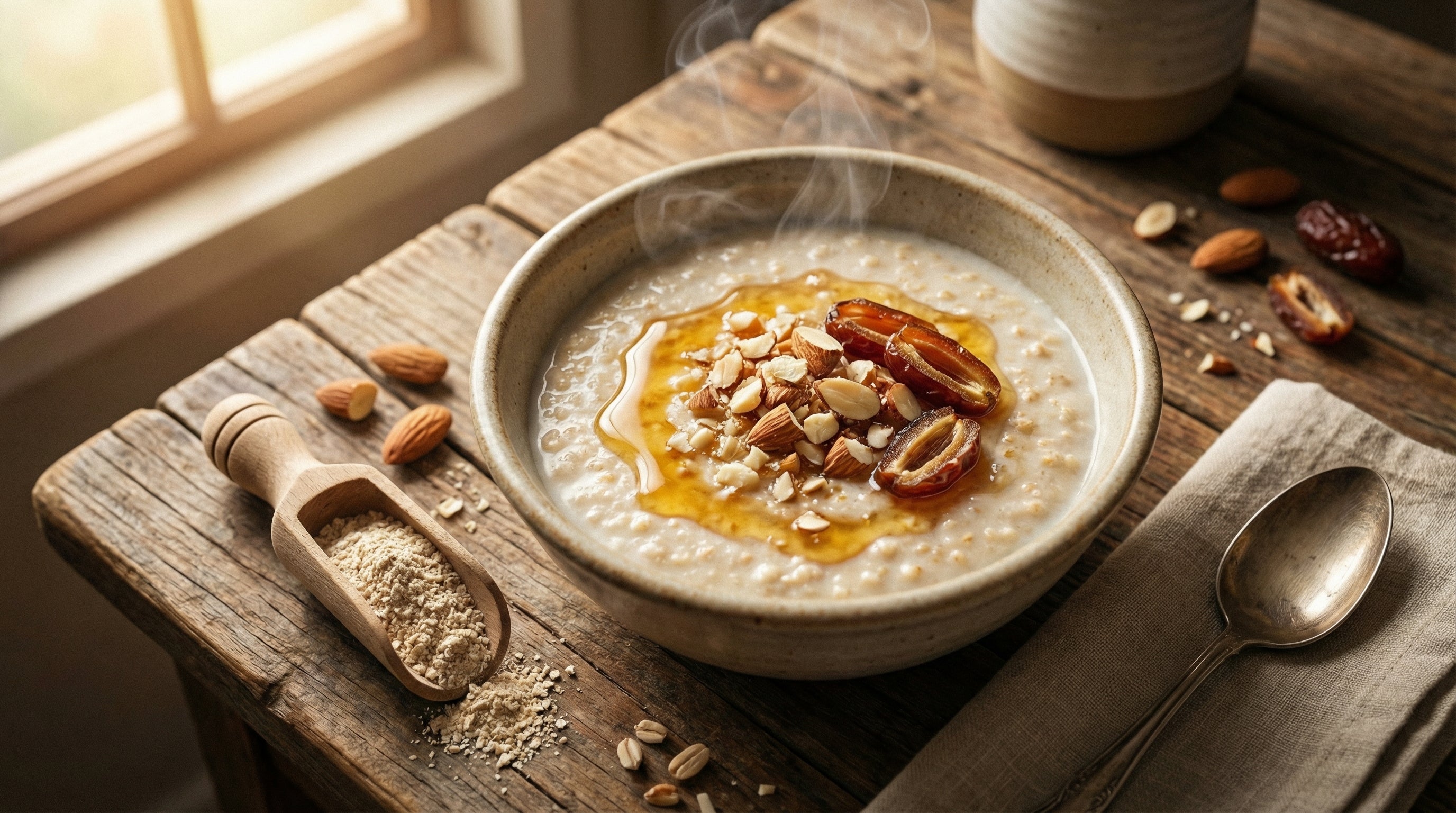 A warm, creamy bowl of prepared Talbeena powder topped with honey and almonds, showcasing the traditional Talbeena benefits as a daily immunity booster.