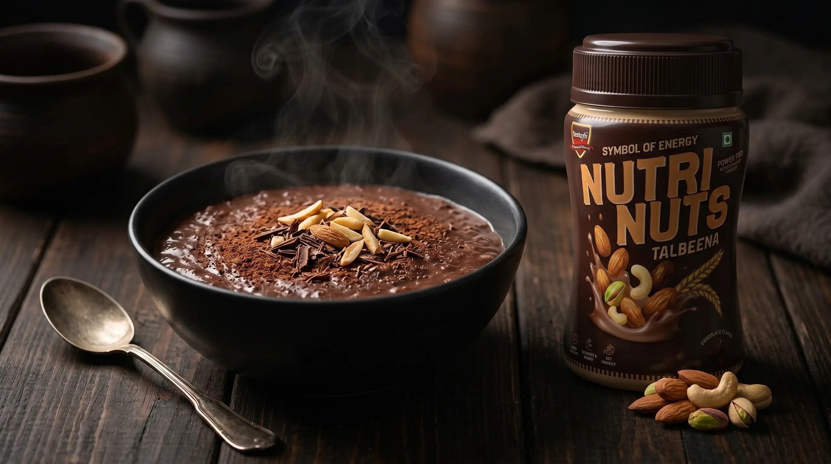 A warm, comforting bowl of sugar-free NutriNuts dark chocolate Talbeena garnished with almonds.