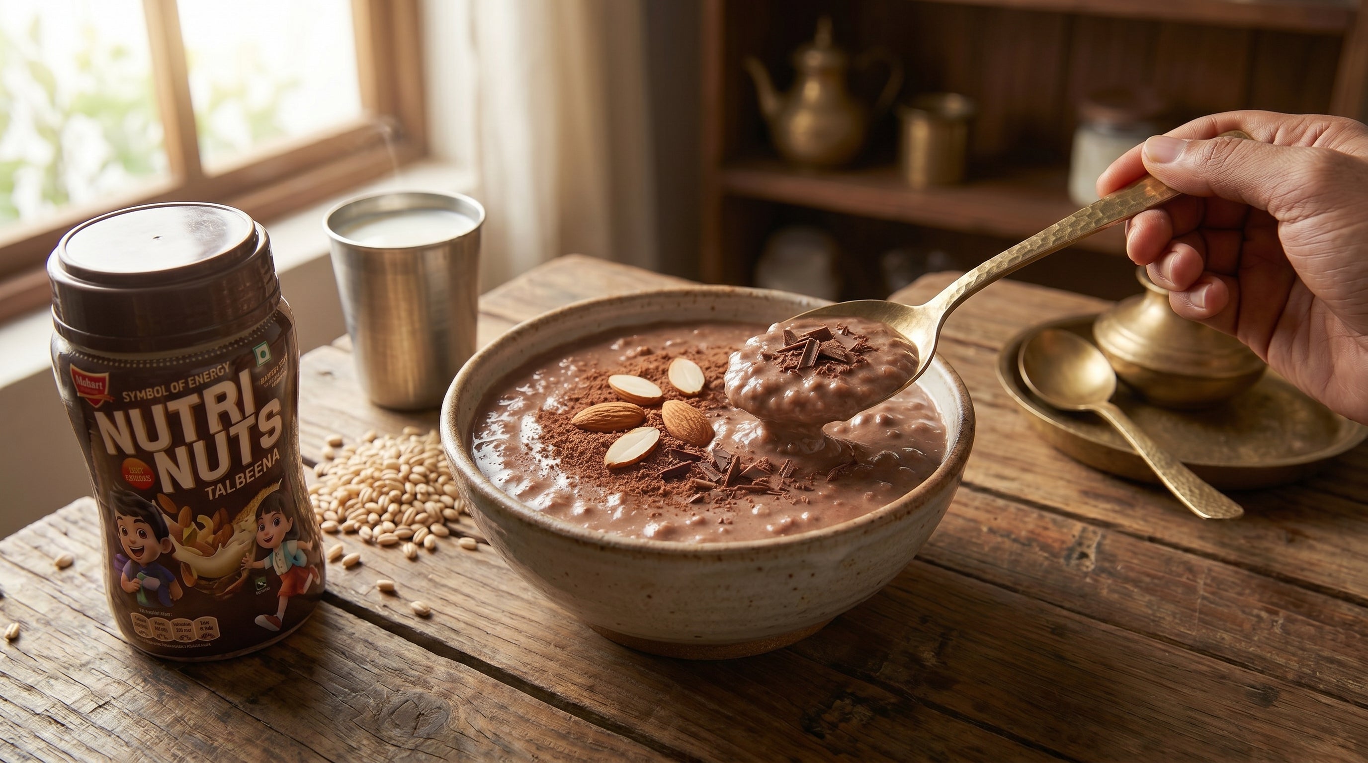A close-up view of a bowl of prepared Nutrinuts Talbeena Chocolate Kids porridge, showcasing its creamy texture with almond and chocolate toppings, served in an Indian household setting.
