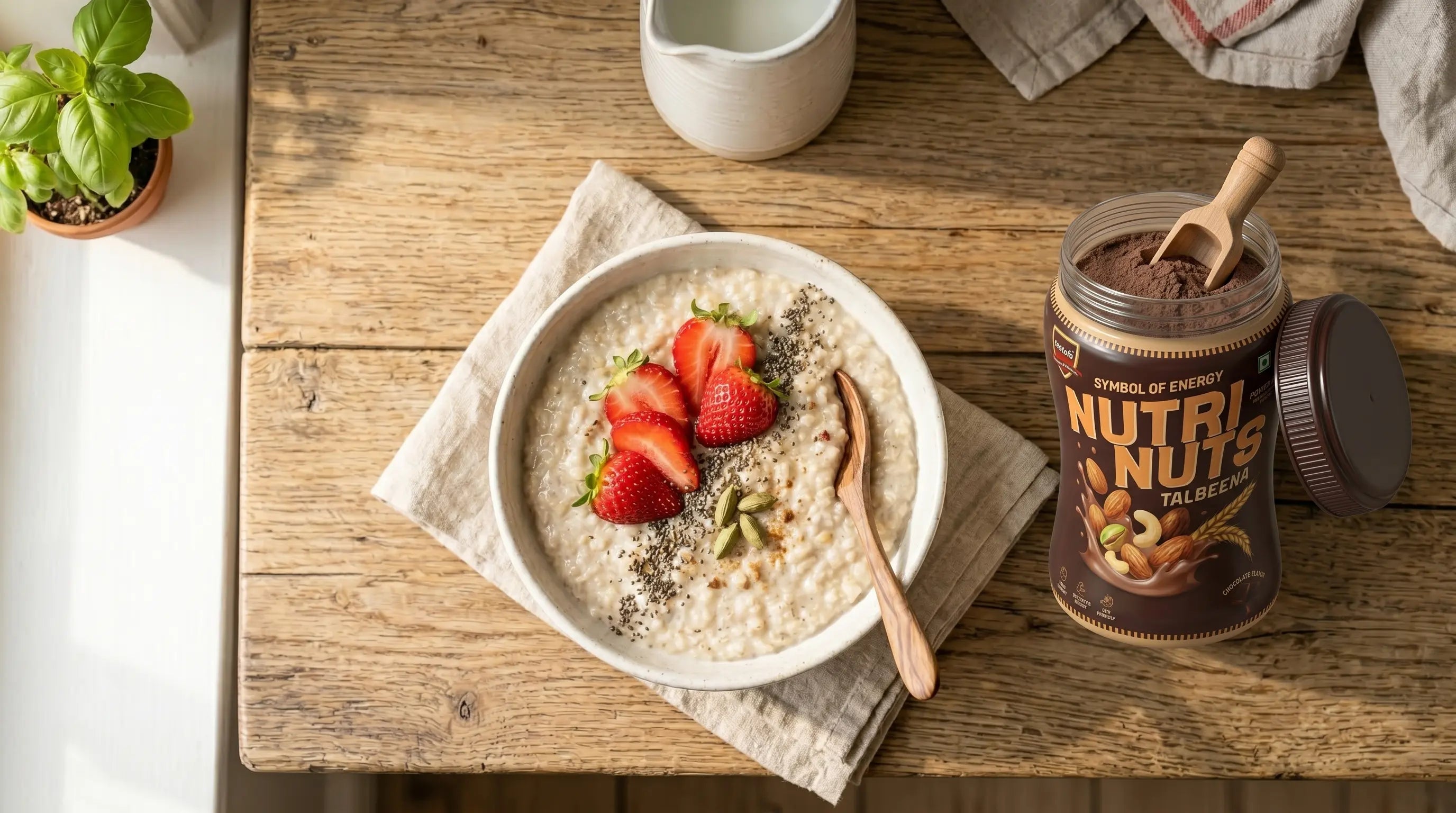 A warm bowl of NutriNuts Talbeena strawberry flavor garnished with seeds and fresh fruit on a kitchen counter.