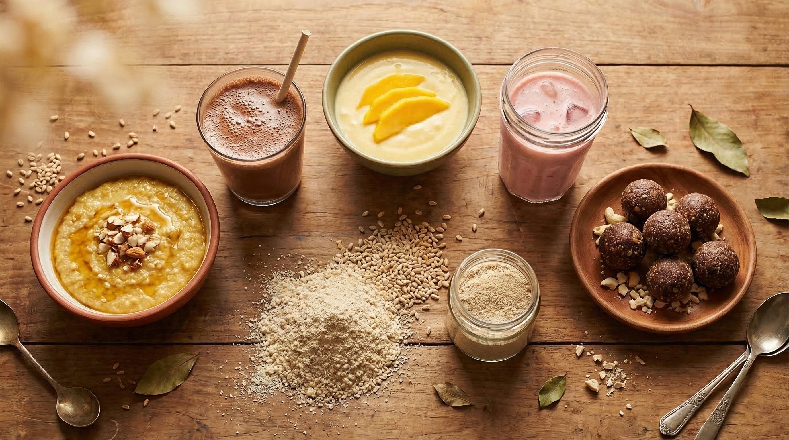 Five creative talbeena powder uses at home including warm bowl, chocolate shake, mango dessert, smoothie and energy laddoos