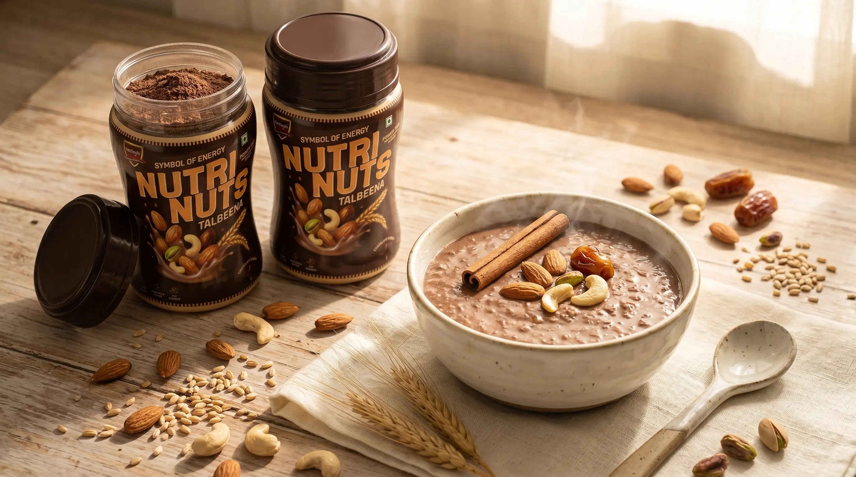 A warm bowl of NutriNuts Talbeena barley porridge surrounded by raw ingredients on a kitchen counter.